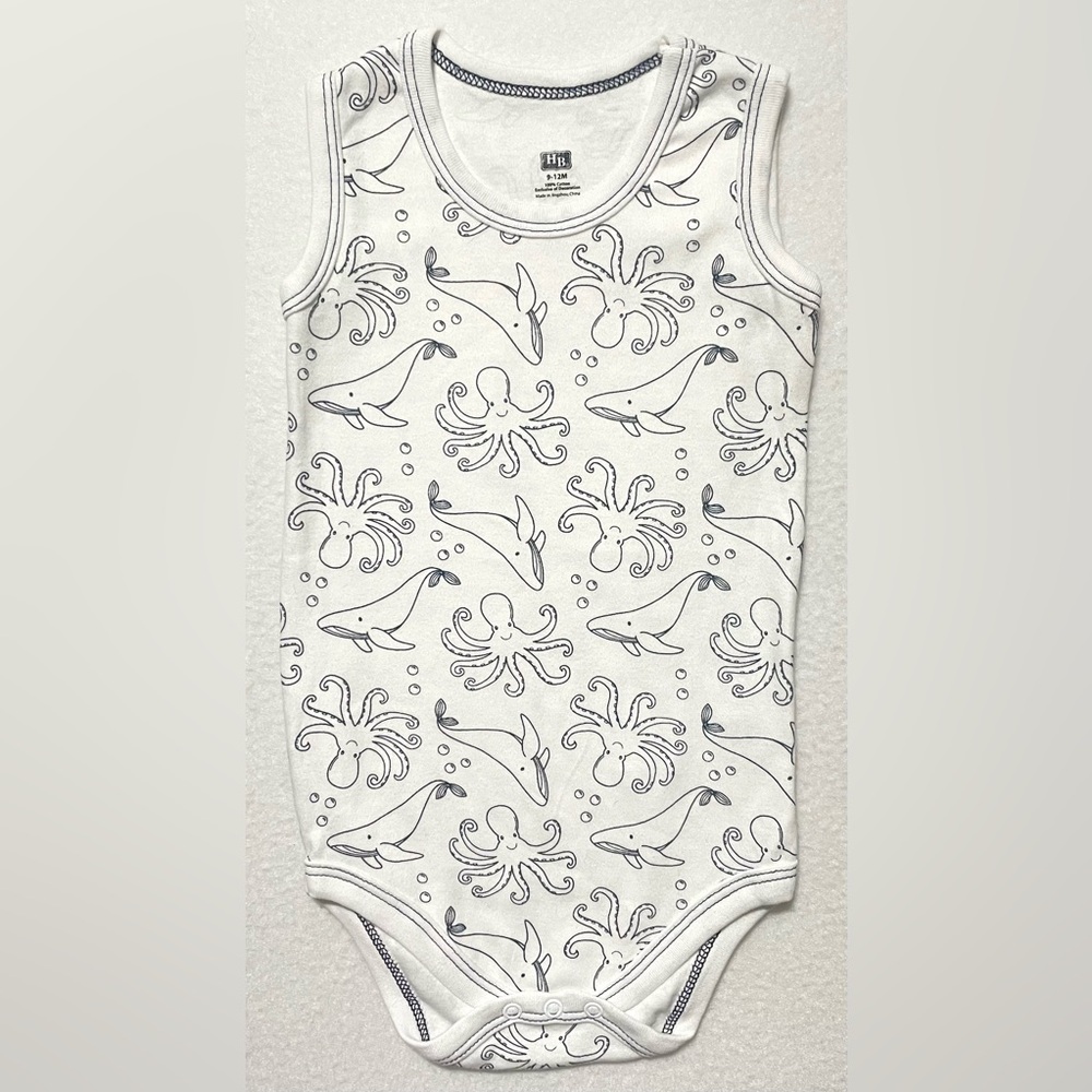 HB Infant Sleeveless Bodysuit 9-12 Months White With Navy Ocean Animal Print NEW